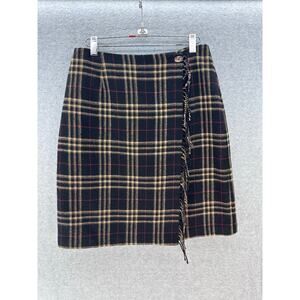 Vintage Sag Harbor Womens 8 Wool Blend Plaid Fringe Wrap Skirt Classic 90s